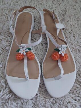 Talbots Sandals Womens 7.5 White T Strap Fruit Embellished Orange Floral Flat